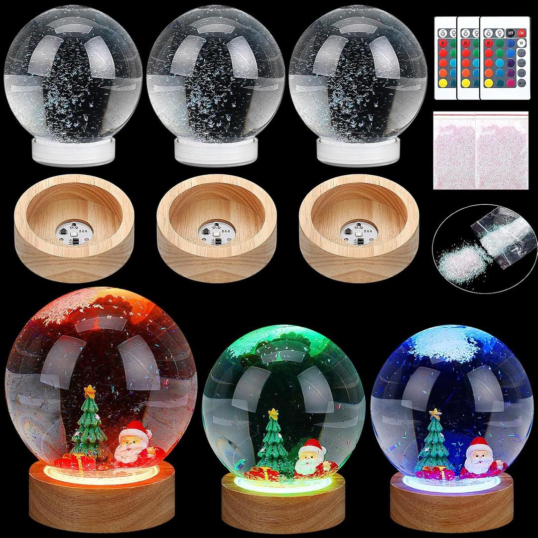8 Pcs Christmas DIY Snow Globes Water Globe with LED Light Base Wooden Stand and Fake Snow Bulk 5'' Clear Plastic Snow Globe Kit Waterproof Screw Off Cap for Xmas Winter DIY Craft(Multicolor)
