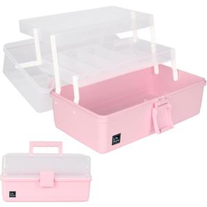 WEWLINE Hair Accessories Organizer 13-Inch Art Supply Bin Sewing Box 3-Layers Craft Storage Organizer with Handle Pink Tool Tackle Box Storage Great Gift for Kids