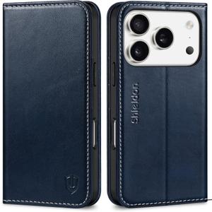 SHIELDON Wallet Case for iPhone 17 Pro 6.3" 2025 | Genuine Leather | RFID Blocking | Credit Card Holder | Folio | Magnetic Closure | Kickstand | TPU Protective Phone Cover | Retro Dark Blue