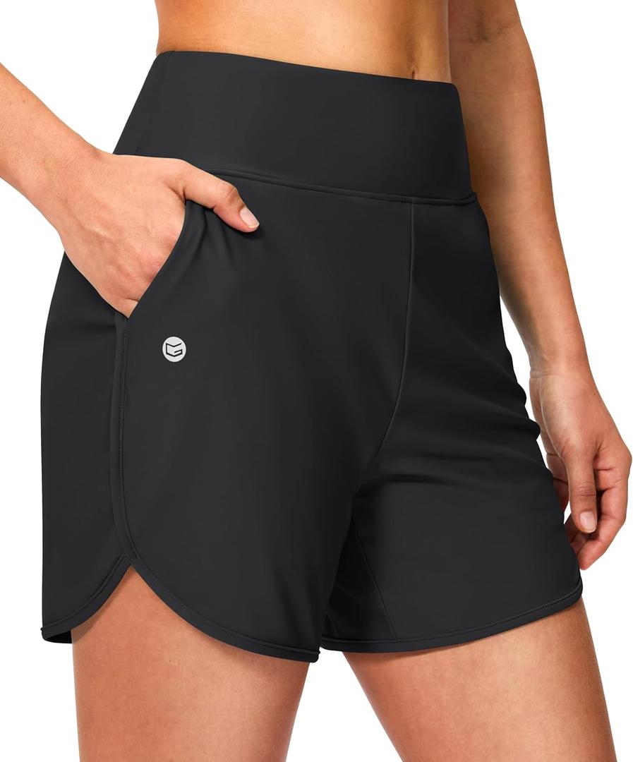 G Gradual Women's 5" Swim Board Shorts High Waisted Quick Dry Swimming Bathing Suit Bottoms for Women with Liner Pockets (Black), L