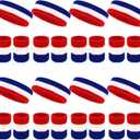 24 Pcs Neon Sweatbands Set Include 8 Pcs Sports Headband and 16 Pcs Cotton Wristbands 80s Neon Sweat Bands Bulk for Gym, Tennis, Basketball, Running, Exercise (Red Blue White)