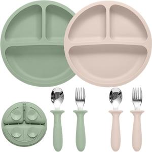 Baby Feeding Set, 2 Pack Silicone Baby Plates with Suction, 2 Pack Spoons and Forks Set for Toddler Utensils, BPA Free, Baby Led Weaning Supplies for Eating Essentials (Green, Pink)