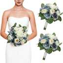 DIYDOFUN Wedding Bouquets for Bride, 11 Inch Bridesmaids Bouquets Artificial Flower Bouquets for Wedding Ceremony Bridal Shower Decorations - Dusty Blue & White