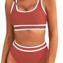 BMJL Women's High Waisted Bikini Sets Sporty Two Piece Swimsuits Color Block Cheeky High Cut Bathing Suits (Large)