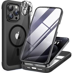 Miracase Magnetic for iPhone 15 Pro Max Case 6.7'' [Compatible with Magsafe] Full-Body Drop Proof Bumper Phone Case for iPhone 15 Pro Max with Built-in 9H Tempered Glass Screen Protector, Black