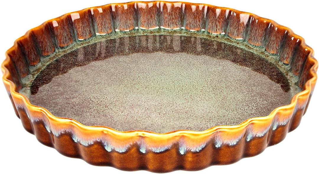 Large Quiche Tart Pans Pan, 27 oz Ceramic Au gratin pans, Fluted Ruffled Edge for Quiche Baking Dish/Pie Pan - Oven, Microwave, Freezer and Dishwasher safe - Great Gift for Bakers 9.6 Inch