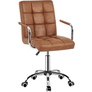 Yaheetech PU Leather Comfortable Office Desk Chair Mid Back Height Adjustable Computer Swivel Chair w/Armrests, Retro Brown