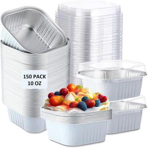 Aoriher 150 Pieces 10 oz Mini Cake Pans with Lids Aluminum Foil Baking Cups Square Disposable 4" x 4" Large Cupcake Cups Baking Tins for Kitchen Brownie Pudding Desserts Holders(White), approx. 10 oz