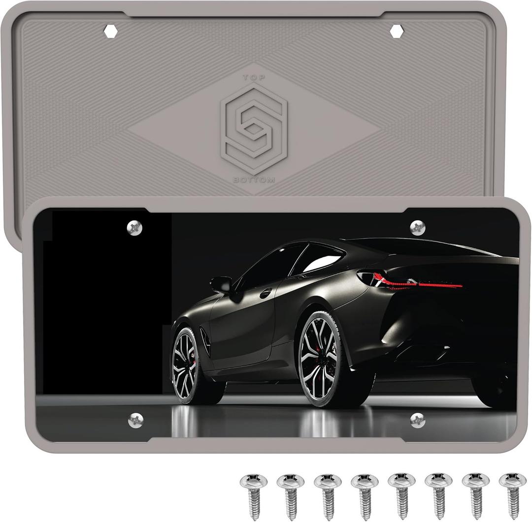 Silicone License Plate Frame Covers 2 Pack- Front and Back Car Plate Bracket Holders. Rust-Proof, Rattle-Proof, Weather-Proof (Grey)