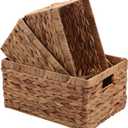 Storage Baskets,Woven Natural Water hyacinth Box with Handle,Kingwillow.(Set of 3)