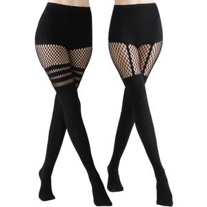 2 Pairs Faux Thigh High Tights Mock Suspender Pantyhose for Women Fishnet Tights Over the Knee Goth Stockings (One Size, 1 Suspender + 1 Striped)