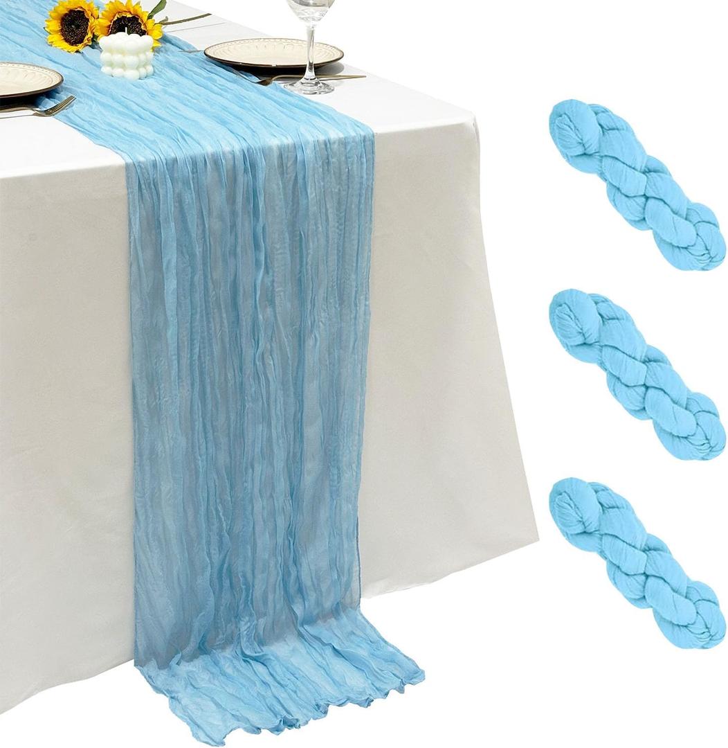 3Pack Baby Blue Cheese Cloth Table Runners,17 x 108 inch Sheer Cheese Cloth Fabric Table Runner Boho Blue Table Runners Bulk for Wedding,Birthday,Party,Holiday,Home Decor