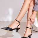Coutgo Satin Kitten Low Heels with Bow Closed Pointed Toe Short Pumps Dress Wedding Party Shoes, Size 7