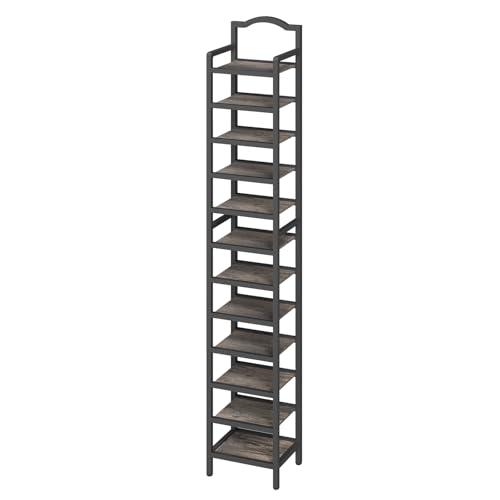 YATINEY 12-Tier Tall Shoe Rack, Vertical Shoe Organizer for Small Spaces, Wooden Shoe Shelf for Entryway, Space Saving Shoe Storage, Holds 12 Pairs of Shoes, Charcoal Gray and Black SS52BC