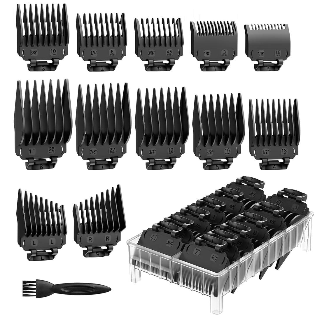 Clipper Guards Set with Organizer, Professional Hair Cutting Guides Replacement Compatible with Most Wahl Clippers - 1/16" to 1", 14 Piece Black