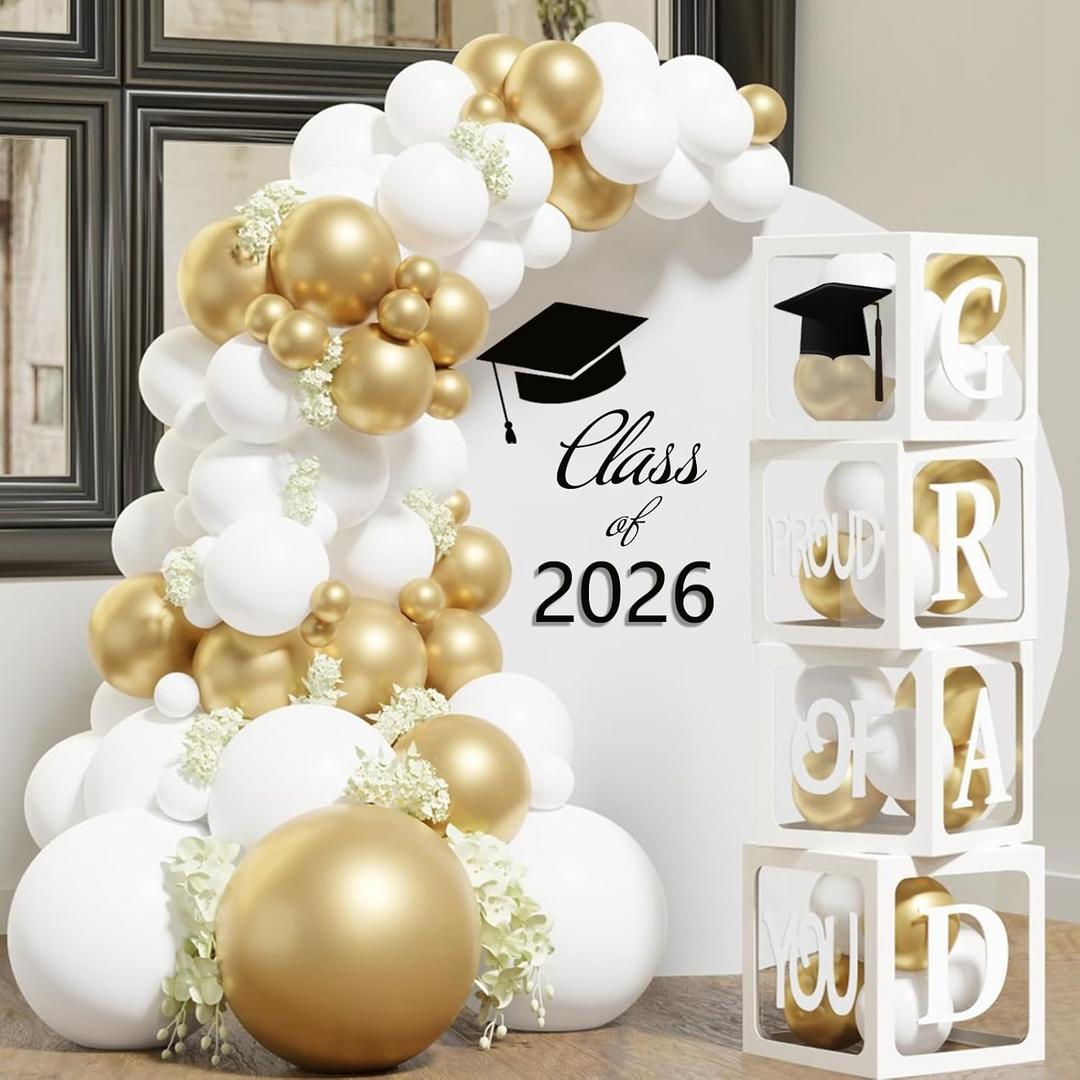 Graduation Decorations 2026,4 Pcs Transparent Balloon Boxes with Letters of GRAD,PROUD OF YOU,Class of 2026 and 130pcs White Gold Balloons Arch for High School College 2026 Grad Party Supplies