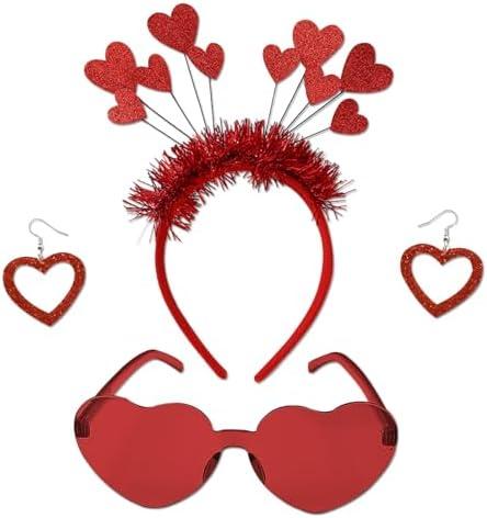 DONCIDAY Red Heart Shape Headband Glitter Sunglasses Sequin Earrings Valentines Day Halloween Cosplay Costume Accessories Set 2 Pack