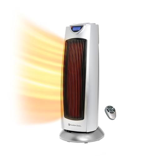 Comfort Zone Ceramic Tower Space Heater, 1500W Portable Electric Heater with 80° Oscillation, Digital Controls & Remote, Tip-Over & Overheat Protection, Indoor Heater for Home, Office & Bedroom