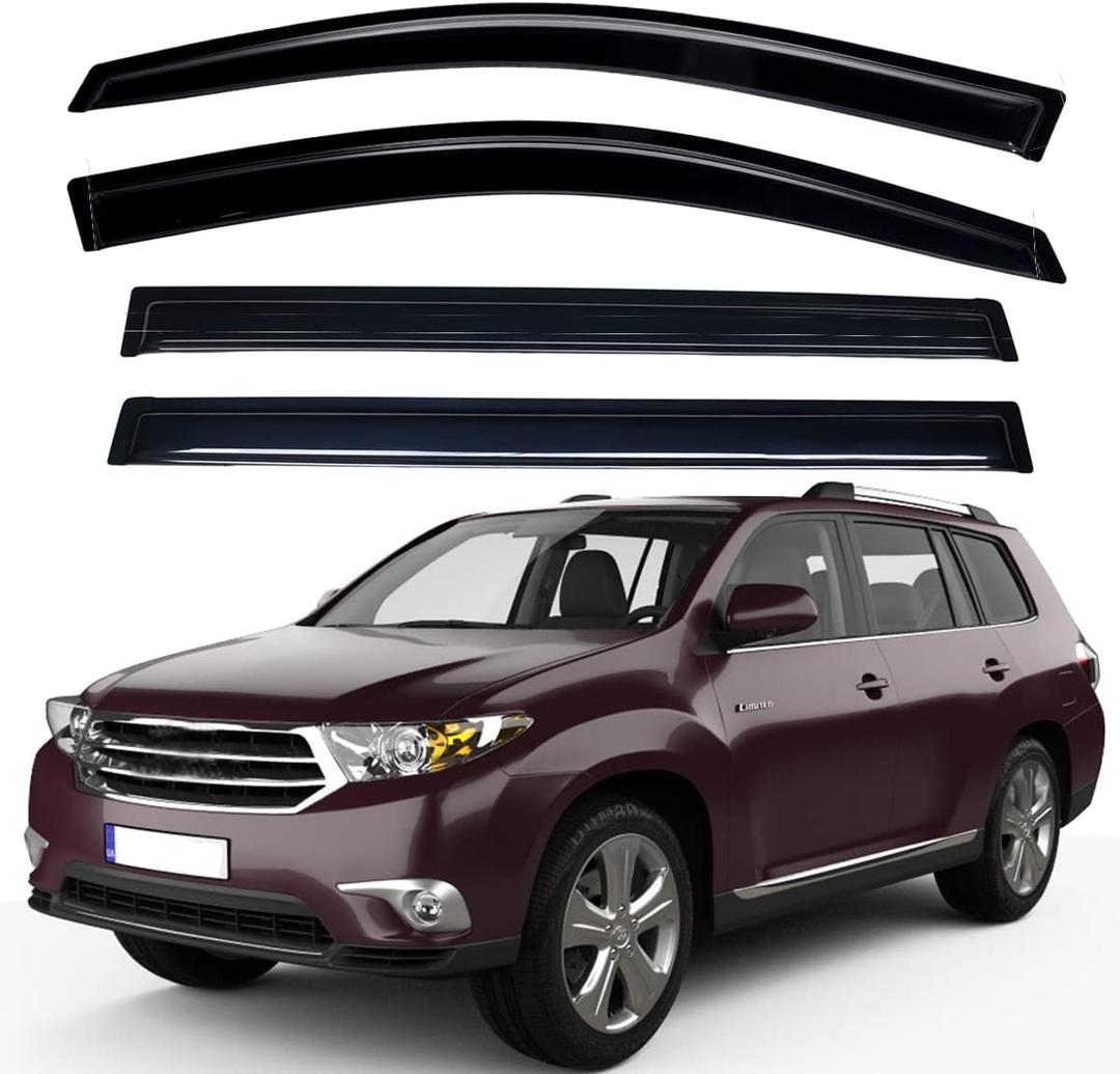 Lightronic Extra Durable Outside-Mount Auto Vent Window Visor, Fits 2008-2013 Toyota Highlander, UV Protection Rain Guard, Original Wind Deflector, No-Drill Easy Install, Dark Smoke, 4-Pcs