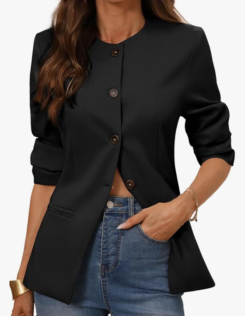 ELLEVEN Women’s Round Neck Slim Fit Blazers, Business Casual Long Sleeve Blazer Work Office Jackets with Padded Shoulder M