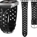 Wearlizer Leather Band Compatible with Apple Watch Band 41/40/38/44/45/46/49/42mm Women Men, Dressy Breathable Hollow-out Braided Strap for iWatch Bands Series 11 10 9 8 7 6 5 4 3 SE/Ultra 3 2 1 (Black/Silver Buckle)