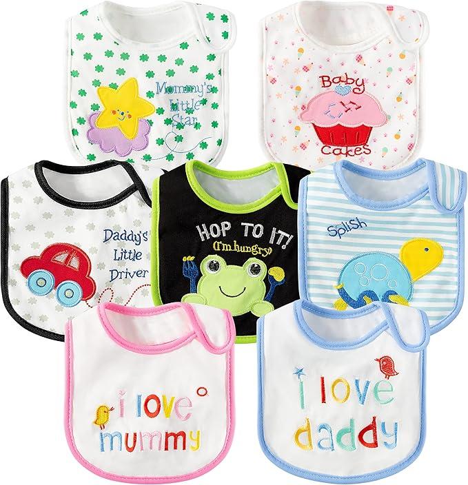7 Pcs Cotton Waterproof Baby Bibs Hook Loop Closure Newborn Bib Keepsake Baby Gift for Drooling Feeding Eating