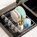 AIDERLY Dish Drying Rack in Sink Expandable Stainless Steel Kitchen Dish Drainer with 4 Cup Holders, Silver
