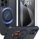 FNTCASE for iPhone 15 Pro-Max Case: [360 Spin Magnetic Stand] [Compatible with Magsafe] [Screen Protector] Translucent Matte Military Grade Shockproof Full Camera Protective Phone Cover - Black