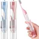 Pack of 2 Travel Toothbrush and Toothpaste Set, Foldable Travel Size Toothbrush, Including 2 Cleaner Heads with Soft Bristles, Portable Tooth brush for Camping, School, Business Trips (Blue & Pink)