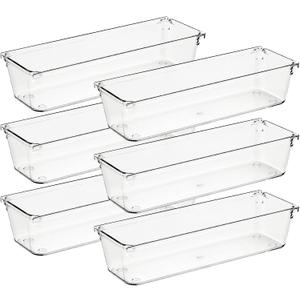 Ravinte 6 Pack Drawer Organizer - 3" X 9" Plastic Storage Bins, Acrylic Organizers with Non-Slip Pads Clear Desk Storage Tray for Makeup, Jewelries, Kitchen Utensils, Bathroom and Office