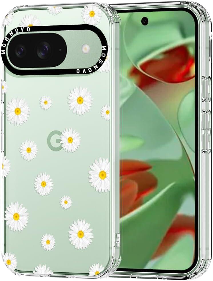 MOSNOVO Case for Google Pixel 9 & Pixel 9 Pro, [Buffertech 6.6ft Military-Grade Drop Protection] [Anti Peel Off Tech] Clear TPU Bumper Phone Case Cover Design - White Daisy