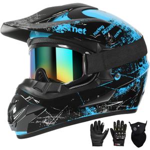 SPARK Dirt Bike Helmets Kids Motorcycle Helmet Youth ATV Motocross Full Face Men Women Off-Road Mountain Bike Helmet Adult with(Gloves Goggles Mask) DOT Approved 4Pcs Set (Large, Blue)