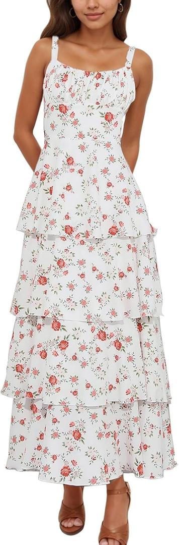 Tiered Ruffle Dress Women Casual Summer Spaghetti Strap Sleeveless Floral Layered Maxi Dress for Women Beach Sundress (Medium, Scarlet Petal)
