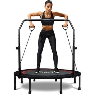 RAVS Mini Trampoline for Kids Adults 40"/48" Foldable Fitness Rebounder Kids Trampoline with 5 Levels Height Adjustable Handle Resistance Bands Indoor Workout