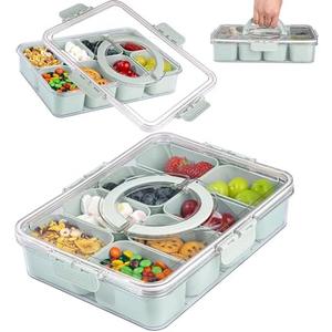 U-QE Dishwasher Safe Snackle Box Container with 8 Small Snacks Box - Premium Sage Green Plastic Divided Serving Tray with Lid and Handle for Snack, Fruits, Perfect for Party, Picnic, Entertaining