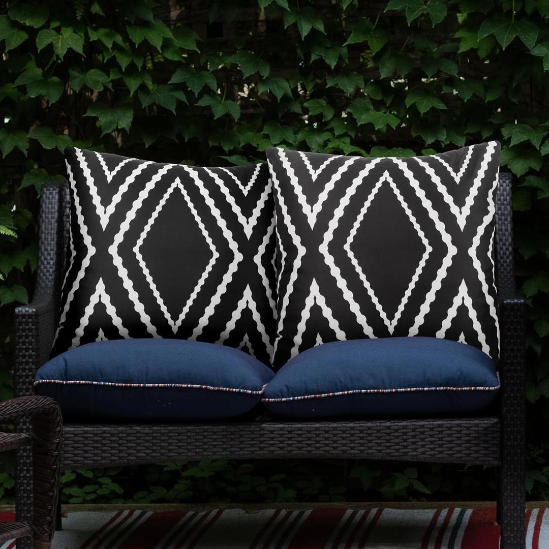 Adabana Outdoor Waterproof Throw Pillow Covers Set of 2 Boho Geometric Pillows Cover for Patio Garden 20 x 20 Inch Black and White