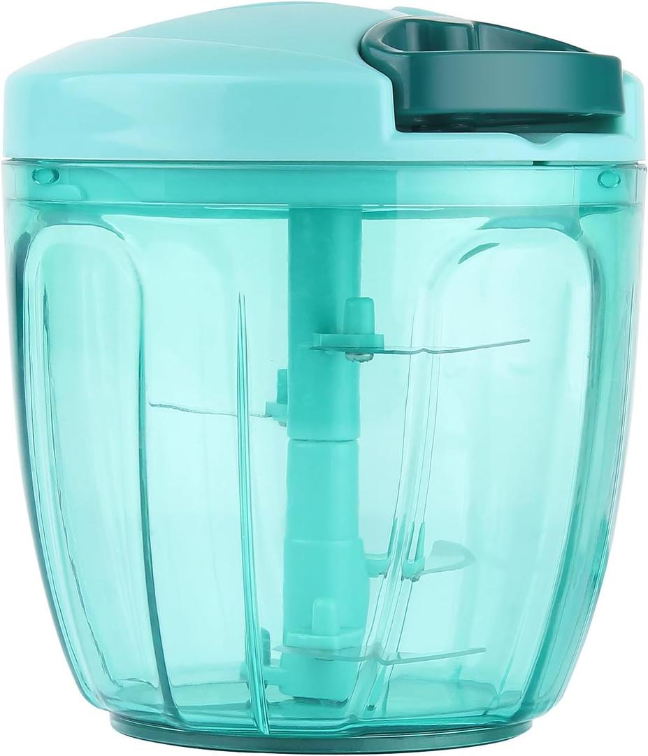 Ourokhome Manual Food Processor Vegetable Chopper, Portable Hand Pull String Garlic Mincer Onion Cutter for Veggies, Ginger, Fruits, etc., 900ml, Teal (Blue)
