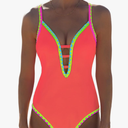 popvil Women One Piece Swimsuit Tummy Control Deep V Neck Neon Cute Bathing Suit Back Tie Swim Suits 2025 Summer, Orange, Small