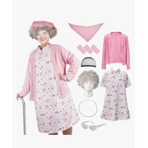 Zhanmai 7 Pcs Halloween Old Lady Costume Set 100 Days of School Grandma Costume Granny Dress for Woman Cosplay Accessories(Pink Flower, Small, Kid)