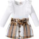 fhutpw Baby Toddler Girl Outfits Fall Winter Clothes Turtleneck Knitted Cotton Long Sleeves Tops & Button Mini Skirts Set (2-3T, D Wihte&brown Plaid)