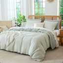 King Size Comforter Set Sage Green Striped 100% Soft Washed Microfiber Jacquard 3 Pieces Striped Bedding Sets Green White Comforter for All Seasons and 2 Pillowcases Comfort Breathable