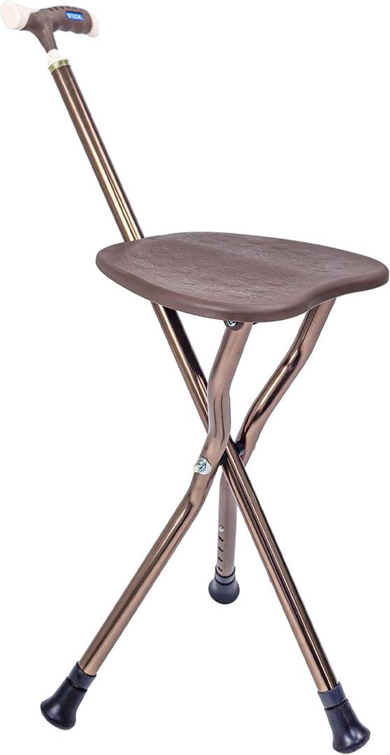 UNLICON-Brown Folding Cane Stool with Seat Lightweight Adjustable Walking Cane for Seniors, Ergonomic Design, 330 lbs Capacity, Portable and Convenient Cane Chair with Anti-Slip Feet