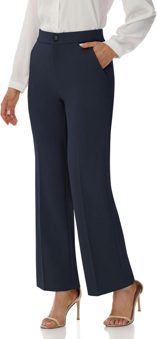 Soojun Women's Flat Front Wide Leg Pants Business Casual Trousers Office (Blue)