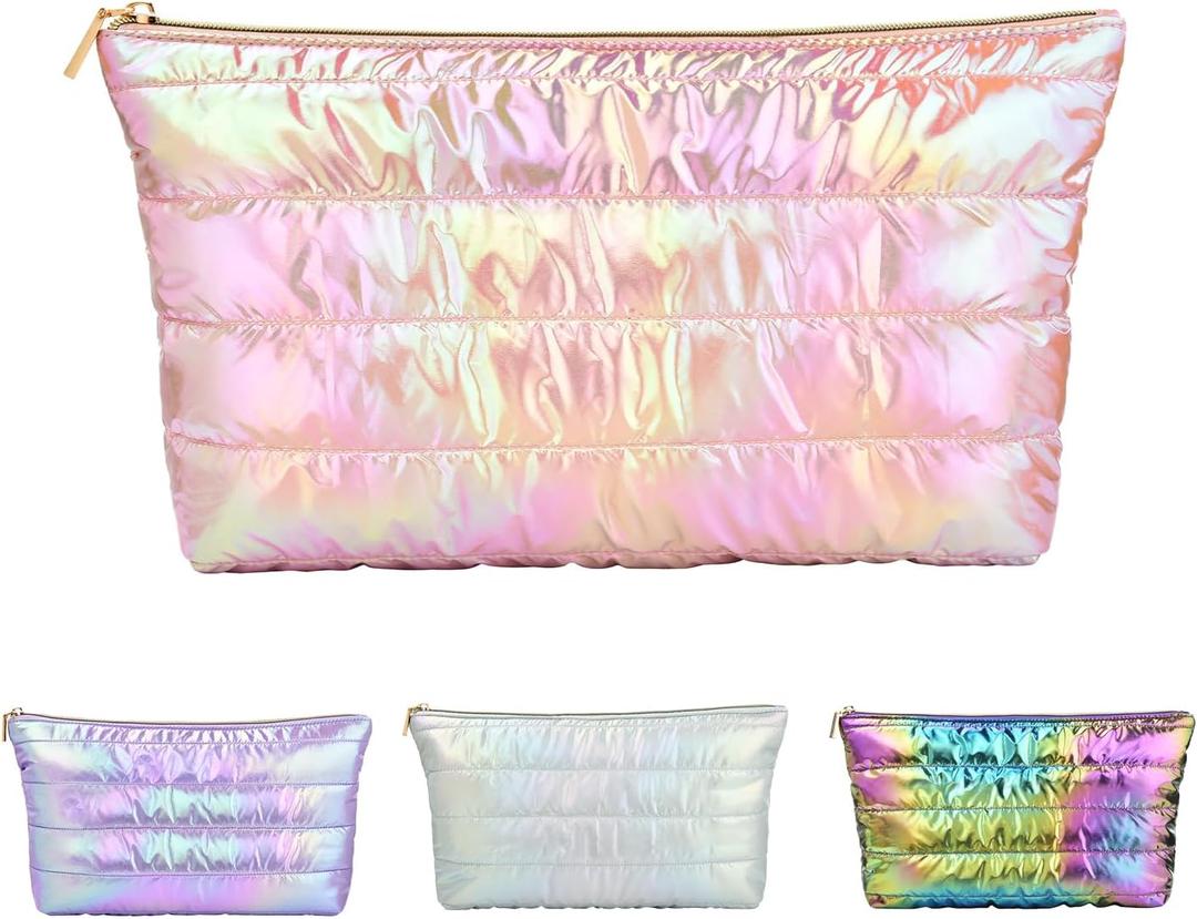 Hiroyuki Iridescent Makeup Bag, 14 inches Cosmetic Bag, Large Capacity Travel-Friendly Pouch (plain, pink)