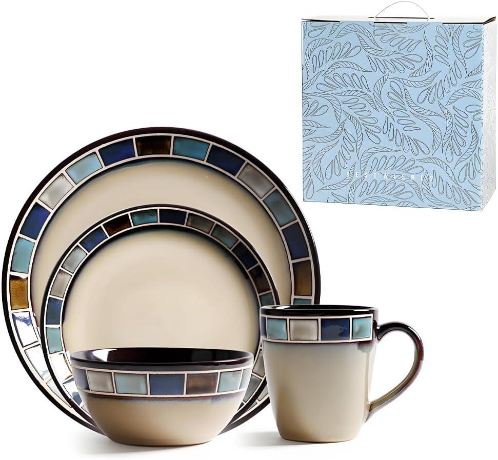 Ceramic Dinnerware Set of 4, 4 Pieces Dishes Set,Plate and Bowl Set, Unique Gift Idea, Scratch Resistant Dishes, Dishwasher & Microwave Safe(Blue)