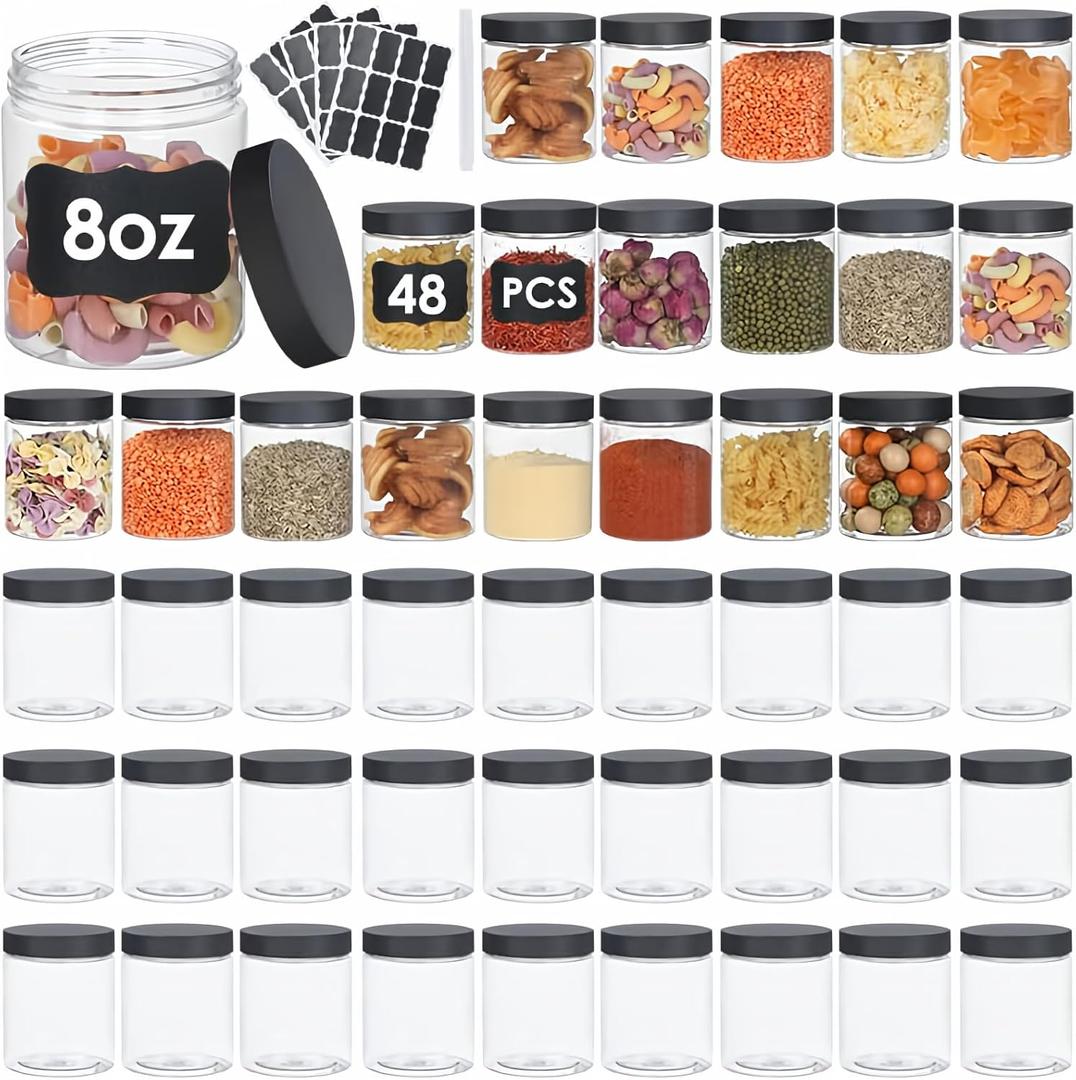 48pcs 8 oz Plastic Containers with Lids Pen Labels Leak Proof BPA Free Airtight Refillable Clear Small Containers Storage Jars for Storing Dry Food Makeup Slime Honey Jam (black)