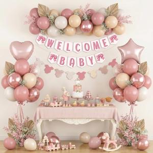 Dusty Pink Baby Shower Decorations Oh Welcome Baby Girls Balloon Set with Star Heart Foil Balloons Bunting Banner Bodysuit Garland Bow Boho Blush Beige Rose Gold White Sand Gender Reveal Party Boys