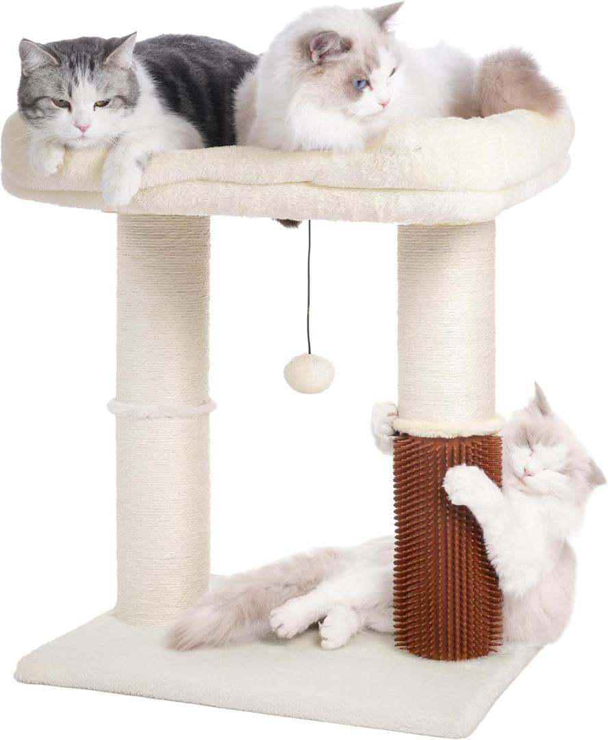 Cat Tree Tower for Large Cats Cat Scratching Post with Cat Self Groomer, 20x15.7 Wide Top Bed, Thick Scratch Post [Dia=4.5] and Danging Ball Great for Indoor Cats-Large Beige