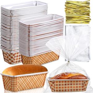 Hushee 50 Sets Fall Paper Loaf Pan 6.3 x 2.2 x 2.2 Inch Disposable Cake Pan Liners with Clear Plastic Bags and Ties Rectangle Paper Baking Mold for Thanksgiving Autumn Bread Cake Bakery(Plaid)