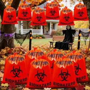 2 x 12 Pcs Large Halloween Leaf Bags Biohazard Halloween Decorations Halloween Trash Bags for Leaves Plastic Yard Lawn Waste Bags Scientist Biohazard Bags Outdoor Biohazard Zombie Party Decorations (Red)
